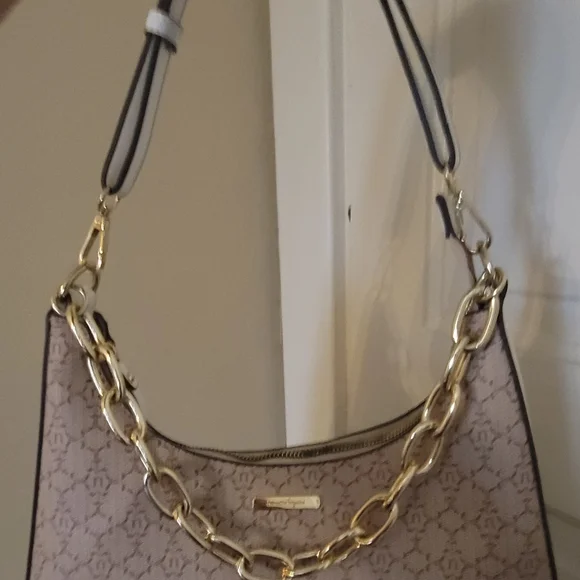 Nanette Lepore Monogram Shoulder Bag – Tan/Beige with Gold Chain Detail - Picture 9 of 16